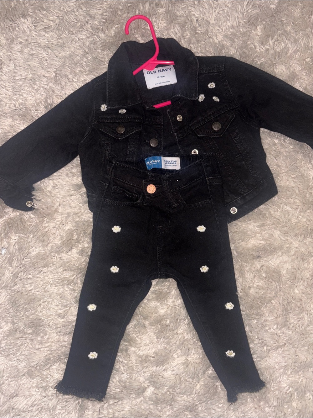 Old Navy Black Girls' Denim Jacket and Jeans Set with White Daisy Accents